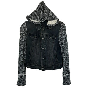 Free People Women's Black Distressed Denim Jean Jacket With Hoodie Size Small